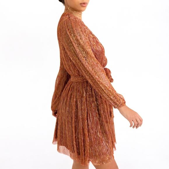 Dress Forum Gold Metallic Pleated Belted Mini Dress Size S Mauve NYE Holiday NWT - Picture 2 of 14